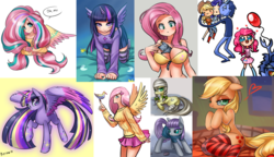 Size: 2826x1628 | Tagged: safe, artist:racoonsan, applejack, discord, fluttershy, maud pie, pinkie pie, twilight sparkle, human, g4, adventure time, big breasts, breasts, busty fluttershy, clothes, collage, female, humanized, male, rainbow power, socks, striped socks, twilight sparkle (alicorn)