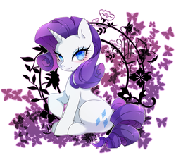 Size: 1000x879 | Tagged: safe, artist:zakro, rarity, butterfly, pony, unicorn, g4, blushing, female, flower, looking at you, mare, pixiv, pretty, raised hoof, sitting, smiling, solo