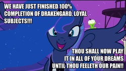 Size: 1280x720 | Tagged: safe, princess luna, gamer luna, g4, 100% completion, drakengard, female, gaming, image macro, meme, solo, text edit