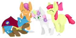 Size: 1256x636 | Tagged: safe, artist:lucky-jacky, apple bloom, scootaloo, sweetie belle, g4, clothes, crossover, cutie mark crusaders, jumping, magic, wakfu, wakfu: the animated series, yugo