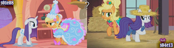 Size: 1280x360 | Tagged: safe, edit, edited screencap, screencap, applejack, rarity, earth pony, pony, unicorn, g4, look before you sleep, simple ways, applejewel, clothes, coincidence i think not, dress, female, froufrou glittery lacy outfit, golden oaks library, hennin, mare, princess applejack, question, rarihick, tail, tail hole, text, wet, wet mane, wet mane rarity