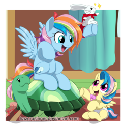 Size: 968x974 | Tagged: safe, artist:hazurasinner, angel bunny, tank, oc, oc:harmony (hazurasinner), oc:windy belle, pegasus, pony, g4, baby, baby pony, cape, clothes, cute, diaper, foal, magical lesbian spawn, offspring, open mouth, pacifier, parent:fluttershy, parent:rainbow dash, parents:flutterdash, pointing, sisters, sitting, smiling, spread wings