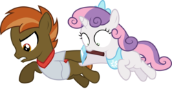 Size: 8102x4175 | Tagged: safe, artist:stillfire, button mash, sweetie belle, earth pony, pony, unicorn, don't mine at night, g4, absurd resolution, clothes, colt, duo, duo male and female, female, filly, foal, jumping, male, pickaxe, scarf, shipping, shirt, simple background, transparent background, vector