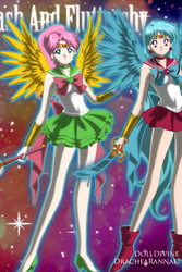 Size: 400x600 | Tagged: safe, fluttershy, rainbow dash, human, g4, baton, crossover, glowing, humanized, looking at you, moe, sailor moon (series), sailor senshi, smiling, spread wings, sword, weapon, winged humanization