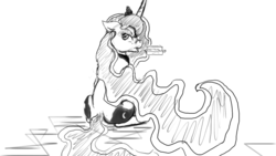 Size: 1280x720 | Tagged: safe, artist:hierozaki, princess luna, lunadoodle, g4, butt, eating, female, monochrome, plot, sandwich, solo