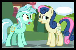 Size: 903x594 | Tagged: safe, artist:veggie55, bon bon, lyra heartstrings, sweetie drops, earth pony, pony, unicorn, g4, exploitable, meme, meme origin, surprised