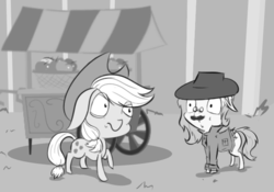 Size: 685x480 | Tagged: safe, artist:krucification, applejack, fluttershy, pony, g4, apple, ask, clothes, duo, flutterbat, grayscale, master of disguise, monochrome, suspicious, tumblr