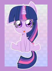 Size: 432x593 | Tagged: safe, artist:noah-nyan, artist:puffyrin, twilight sparkle, pony, unicorn, g4, :p, abstract background, big eyes, cute, female, filly, floppy ears, looking at you, old art, one ear down, sitting, smiling, solo, tongue out, unicorn twilight