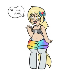 Size: 800x1000 | Tagged: safe, artist:mt, oc, oc only, oc:dingaling, satyr, belly button, bow, cleavage, clothes, female, midriff, offspring, older, parent:derpy hooves, shorts, solo, sports bra, wide hips
