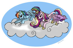 Size: 1024x685 | Tagged: safe, artist:lavenderrain24, princess cadance, rainbow dash, alicorn, pegasus, pony, g4, cloud, duo, race