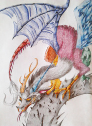 Size: 1497x2042 | Tagged: safe, artist:blazemizu, discord, draconequus, g4, horn, male, solo, spikes, spread wings, tongue out, traditional art, wings