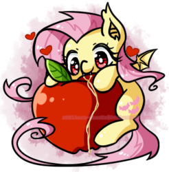 Size: 341x347 | Tagged: safe, artist:kikaru-studios, fluttershy, g4, apple, cute, fangs, female, flutterbat, heart, nom, shyabates, shyabetes, simple background, smiling, solo, species swap, that pony sure does love apples, transparent background