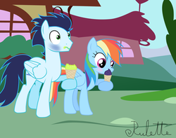 Size: 1024x808 | Tagged: safe, artist:rulette, rainbow dash, soarin', pegasus, pony, g4, blushing, brain freeze, female, ice cream, male, mare, ship:soarindash, shipping, stallion, straight