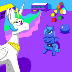 Size: 825x825 | Tagged: safe, artist:neoryan2, princess celestia, princess luna, alicorn, pony, g4, age regression, baby wipes, ball, blocks, changing table, crossed arms, cutie mark diapers, diaper, duo, duo female, female, filly, foal, indoors, luna is not amused, mare, nursery, peytral, spread wings, unamused, wings, younger