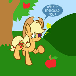 Size: 500x500 | Tagged: safe, artist:pembroke, applejack, g4, apple, betrayal, black eye, female, raised hoof, solo, tree