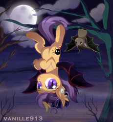 Size: 1280x1387 | Tagged: dead source, safe, artist:spookyle, oc, oc only, oc:spookie, bat, bat pony, pony, cloud, cloudy, fangs, hanging, looking at you, moon, night, sky, smiling, solo, spread wings, tree, upside down