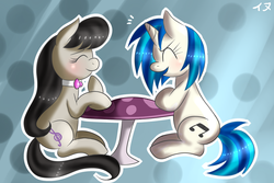 Size: 1024x683 | Tagged: safe, artist:inumocchi, dj pon-3, octavia melody, vinyl scratch, g4, mushroom table