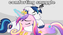 Size: 960x540 | Tagged: safe, edit, edited screencap, screencap, princess cadance, shining armor, alicorn, pony, unicorn, g4, the crystal empire, eyes closed, female, image macro, male, mare, meme, snuggling, stallion