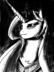 Size: 3182x4248 | Tagged: safe, artist:qwixthetrappedone, princess celestia, g4, female, monochrome, portrait, solo, traditional art