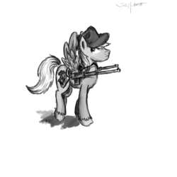 Size: 1000x1000 | Tagged: safe, artist:masterjosh140, oc, oc only, oc:calamity, pegasus, pony, fallout equestria, battle saddle, black and white, fanfic, fanfic art, grayscale, gun, hat, male, monochrome, rifle, simple background, solo, stallion, weapon, white background, wings
