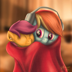 Size: 1000x1000 | Tagged: safe, artist:eternyan, rainbow dash, scootaloo, pegasus, pony, g4, blanket, cuddling, cute, cutealoo, dashabetes, duo, eyes closed, female, filly, foal, happy, headphones, mare, scootalove, sharing headphones, smiling, snuggling