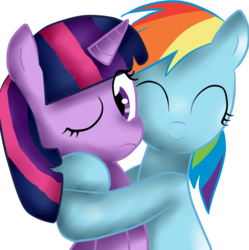 Size: 893x895 | Tagged: safe, artist:lizethehedgehog, rainbow dash, twilight sparkle, pegasus, pony, unicorn, g4, cute, eyes closed, female, frown, hug, lesbian, looking away, mare, mine!, nuzzling, possessive, ship:twidash, shipping, shy, simple background, smiling, transparent background, unicorn twilight, wink