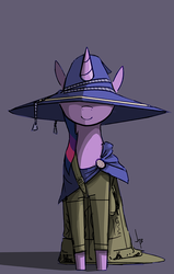 Size: 666x1045 | Tagged: safe, artist:jailbait, twilight sparkle, g4, big hat logan, clothes, crossover, dark souls, female, hat, hidden eyes, oversized clothes, robe, robes, smiling, solo