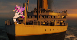 Size: 500x264 | Tagged: safe, princess cadance, shining armor, pony, g4, epic wife tossing, fastball special, ship, titanic