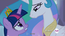 Size: 640x355 | Tagged: safe, screencap, princess celestia, twilight sparkle, alicorn, pony, g4, eye contact, female, frown, gritted teeth, hub logo, mare, meme, money, twilight sparkle (alicorn), youtube caption