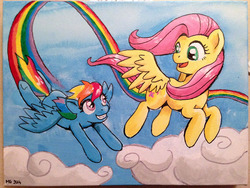 Size: 1000x750 | Tagged: safe, artist:muffinshire, fluttershy, rainbow dash, g4, cloud, cloudy, eye contact, flying, rainbow trail, smiling, traditional art, trail