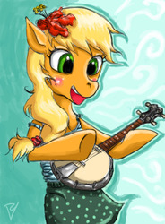 Size: 700x950 | Tagged: safe, artist:psykong, applejack, earth pony, pony, g4, banjo, bipedal, clothes, female, flower, flower in hair, musical instrument, solo