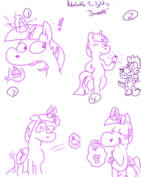 Size: 4779x6013 | Tagged: artist needed, safe, spike, twilight sparkle, alicorn, pony, g4, :t, absurd resolution, adorkable, comic, cupcake, cute, dork, eating, eyes closed, female, floppy ears, humor, looking at you, magic, mare, muffin, puffy cheeks, sitting, smiling, sweets, telekinesis, twilight sparkle (alicorn)