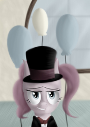 Size: 2480x3507 | Tagged: safe, artist:kriswanted, pinkie pie, g4, balloon, bowtie, clothes, female, hat, high res, solo, tuxedo, window