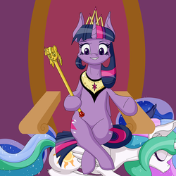 Size: 1000x1000 | Tagged: safe, artist:deusexequus, princess celestia, princess luna, twilight sparkle, alicorn, pony, g4, female, harsher in hindsight, impossibly large ears, it's good to be princess, mare, new crown, twilight scepter, twilight sparkle (alicorn), tyrant sparkle, usurpation