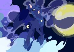 Size: 1000x700 | Tagged: safe, artist:emmenpett, nightmare moon, g4, female, flying, moon, open mouth, solo