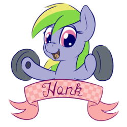 Size: 1400x1400 | Tagged: safe, artist:php87, oc, oc only, oc:wheely bopper, original species, wheelpone, happy, honk, looking at you, old banner, parody, positive ponies, smiling, solo