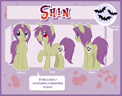 Size: 1008x793 | Tagged: safe, artist:centchi, oc, oc only, oc:shin, pony, unicorn, vampony, reference sheet, solo