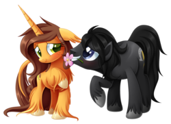 Size: 1049x761 | Tagged: safe, artist:centchi, oc, oc only, oc:autumn oak, oc:thunder hooves, earth pony, pony, unicorn, flower, shipping, simple background, transparent background, unshorn fetlocks