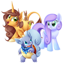 Size: 897x891 | Tagged: safe, artist:centchi, oc, oc:autumn oak, oc:cloudy dreamscape, pegasus, pony, unicorn, wartortle, crossover, fluffy, freckles, grin, open mouth, pokémon, simple background, smiling, squee, transparent background, unshorn fetlocks