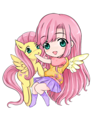 Size: 400x533 | Tagged: safe, artist:d-tomoyo, fluttershy, human, g4, anime, blushing, chibi, clothes, colored, cute, human ponidox, humanized, shyabetes, simple background, skirt, transparent background, winged humanization
