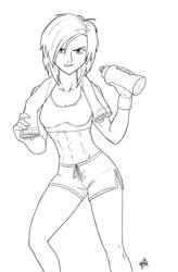 Size: 631x960 | Tagged: safe, artist:mono-phos, rainbow dash, human, g4, abs, athlete, belly button, black and white, clothes, female, grayscale, humanized, midriff, monochrome, muscles, runner, smirk, solo, sports bra, sports shorts, towel, water bottle, workout, wristband