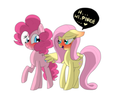 Size: 1024x788 | Tagged: dead source, safe, artist:misspolycysticovary, fluttershy, pinkie pie, earth pony, pegasus, pony, g4, bedroom eyes, blushing, butt touch, duo, eye contact, feathermarking, female, floppy ears, lesbian, never doubt tchernobog's involvement, open mouth, raised hoof, ship:flutterpie, shipping, smiling