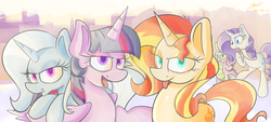 Size: 1500x680 | Tagged: safe, artist:miroslav46, rarity, spike, sunset shimmer, trixie, twilight sparkle, alicorn, pony, unicorn, g4, counterparts, duckface, magical trio, twilight sparkle (alicorn), twilight's counterparts