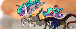 Size: 1300x500 | Tagged: safe, artist:sessomesmaru, discord, princess celestia, classical unicorn, g4, bedroom eyes, blushing, female, fluffy, flying, grin, horn, leonine tail, male, ship:dislestia, shipping, smiling, spread wings, straight