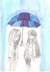 Size: 1441x2073 | Tagged: safe, artist:sweetxsour1707, rainbow dash, twilight sparkle, human, g4, female, humanized, lesbian, rain, ship:twidash, shipping, traditional art, umbrella, watercolor painting