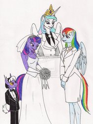 Size: 1443x1919 | Tagged: safe, artist:13foxywolf666, princess celestia, rainbow dash, twilight sparkle, oc, oc:stasis, anthro, g4, female, interspecies offspring, lesbian, offspring, parent:discord, parent:twilight sparkle, parents:discolight, ship:twidash, shipping