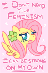 Size: 912x1371 | Tagged: safe, artist:unknownreas, fluttershy, g4, anti-feminism, drama, female, feminism, flower, mouthpiece, op is a duck, solo