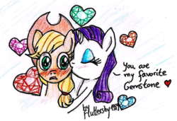 Size: 550x377 | Tagged: safe, artist:fluttershy1989, applejack, rarity, g4, blushing, female, kissing, lesbian, ship:rarijack, shipping, surprise kiss