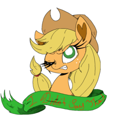 Size: 900x900 | Tagged: safe, artist:unoriginalcharacterpleasesteal, applejack, earth pony, pony, g4, angry, apple eyes, female, mare, mouthpiece, old banner, one eye closed, parody, solo, subversive kawaii, wingding eyes, wink