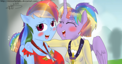 Size: 1024x542 | Tagged: safe, artist:mrscurlystyles, rainbow dash, twilight sparkle, anthro, g4, rainbow falls, ambiguous facial structure, blushing, cheerleader, cheerleader sparkle, female, lesbian, pom pom, ship:twidash, shipping, twilight sparkle (alicorn)